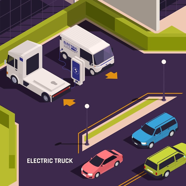 Stazioni di ricarica del bordo del marciapiede dei veicoli elettrici sulla composizione isometrica nella via della città con l'illustrazione di ricarica del furgone del camion della piattaforma