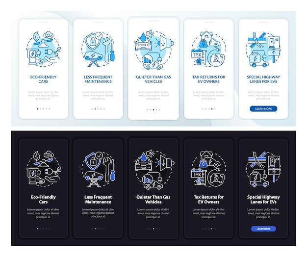 電気自動車とオンボーディングモバイルアプリのページ画面。 evは、コンセプトを備えた5ステップのグラフィック命令のウォークスルーで利益を上げます。線形の昼と夜のモードのイラストとui、ux、guiベクトルテンプレート