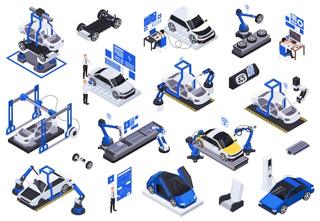 Vettore icone isometriche di produzione di veicoli elettrici impostate con linee di assemblaggio robotizzate che testano l'illustrazione vettoriale di schermi di proiezioni olografiche di ricarica