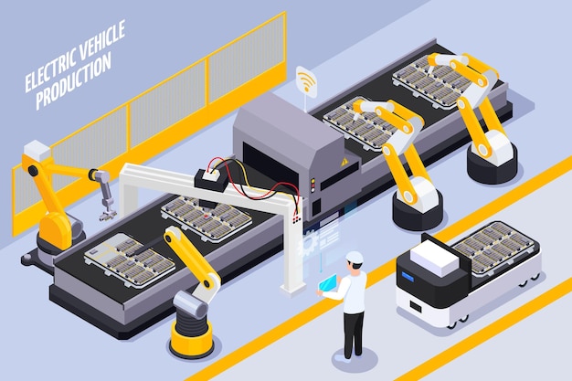 Vettore illustrazione isometrica della linea di produzione di veicoli elettrici con sistema di trasporto automatizzato di assemblaggio di bracci robotici telecomandati