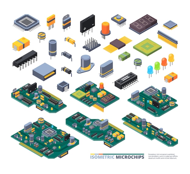 Vector electrical boards isometric. hardware items computer power diodes semiconductors and small chip  equipment set.