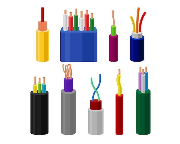 Vector electrical cables set, connection wires in multi colored insulation  illustration