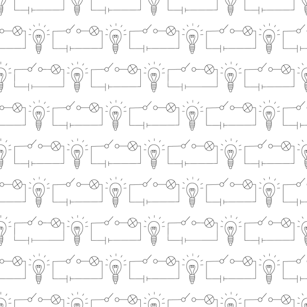 白熱灯や電球のシームレスなパターンを備えた電気回路落書き科学電気