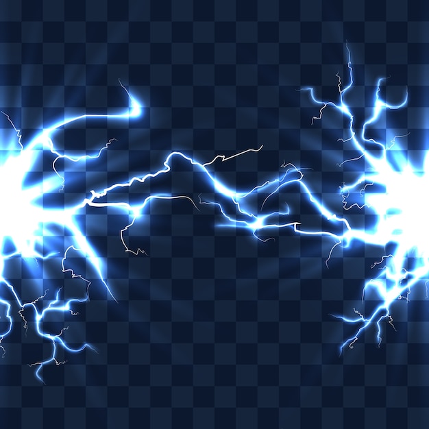 electrical discharge with lightning beam isolated on checkered transparent background vector illustr