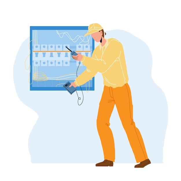 Vector electrical engineer checking electric panel vector. electrician using meter for check electrical voltage cable wiring system in main power board. character flat cartoon illustration