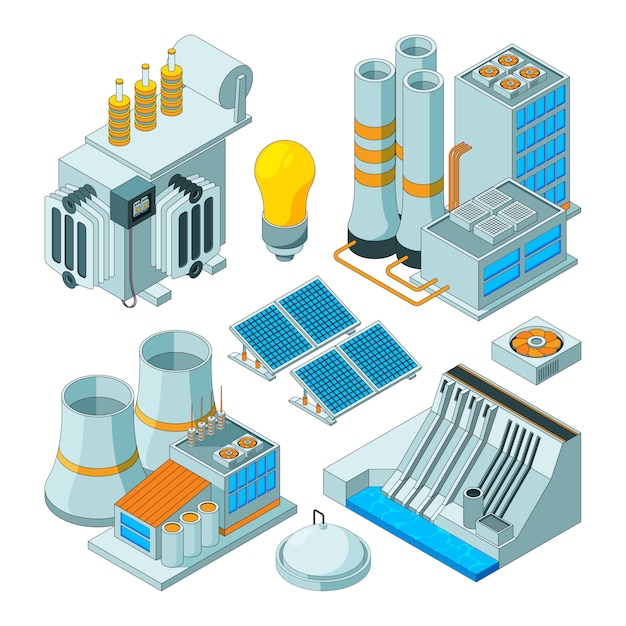 Vettore materiale elettrico, generatori di illuminazione di elettricità di watt isometrici isolati