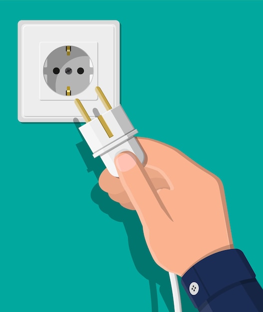 Electrical outlet and hand with plug. electrical components. wall socket with cable. vector illustration in flat style