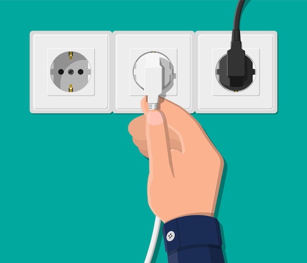 Vector electrical outlet and hand with plug. electrical components. wall socket with cable.