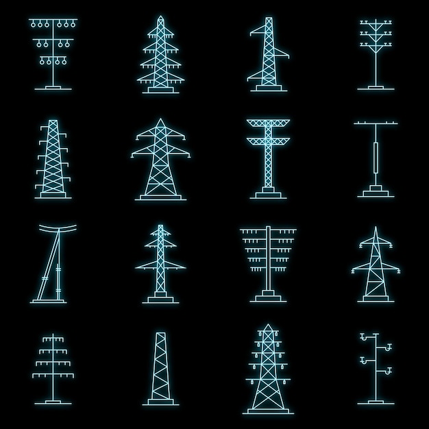 ベクトル 電気塔の高電圧アイコンセット 25の電気塔の高電圧ベクトルアイコンの概要イラスト 黒のネオン色