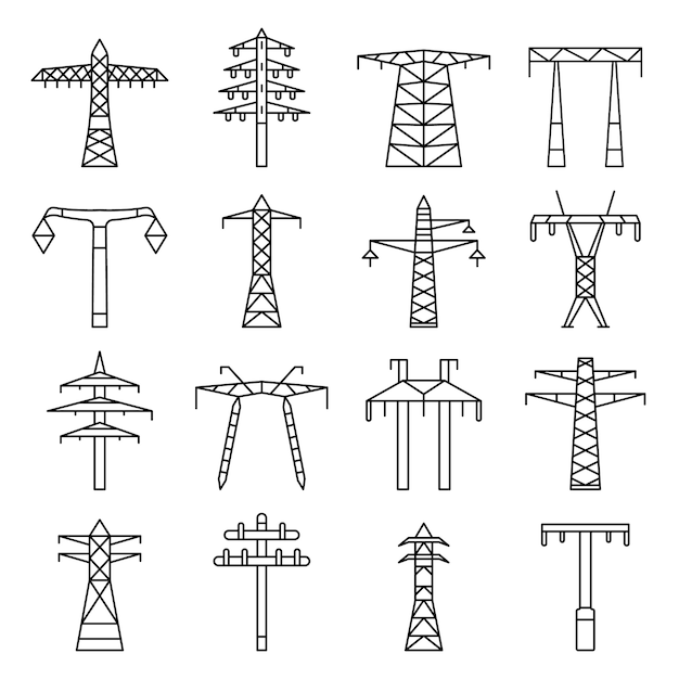 Set di icone di torre elettrica. insieme del profilo delle icone elettriche di vettore della torre