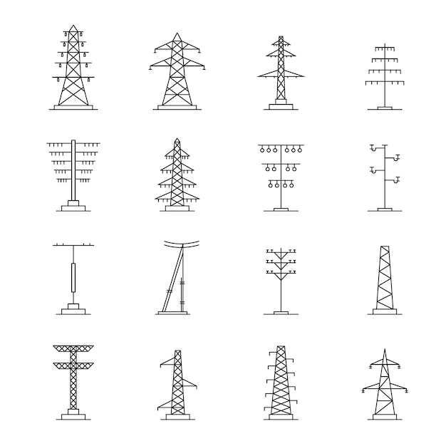 Vector electrical tower voltage icons set