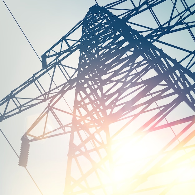 Electrical Transmission Line of High Voltage Over Bright Sky.