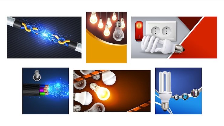 वेक्टर electrical work promotional posters set vector. electrical service and maintenance for installation socket, fixing and connecting damaged cables advertising banners. style concept layout illustrations