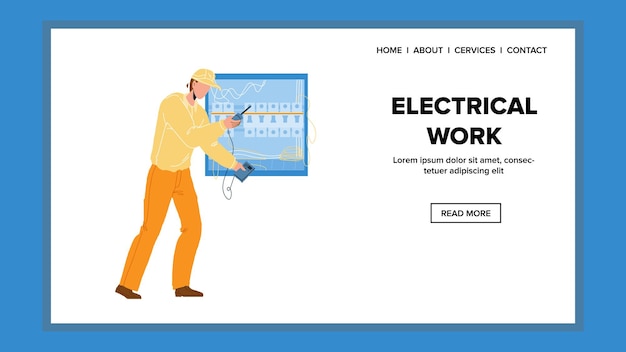 Electrical work with electric system panel vector. repair man checking voltage with tester, electrical work professional service. character with digital testing device web flat cartoon illustration