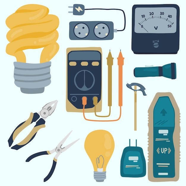 Vettore elettricista ed elettricità strumenti di riparazione carino set di illustrazioni disegnate a mano