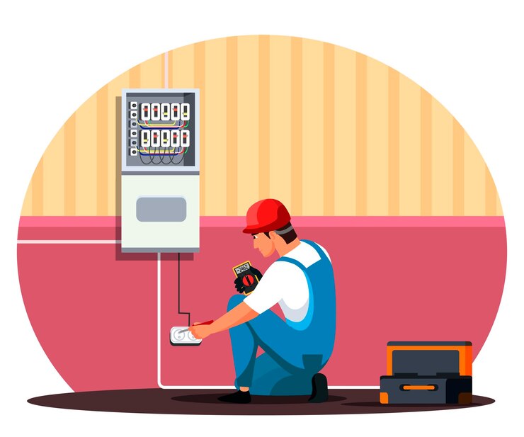 Vector electrician engineer with electricity repair tool repair home circuit electric socket checkup with voltmeter construction renovation maintenance service