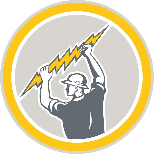 Vector electrician holding lightning bolt side retro