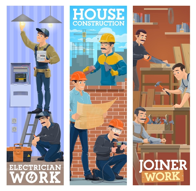 Vector electrician house construction and joiner workers
