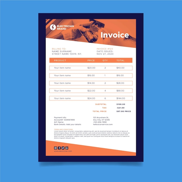 Electrician invoice template with costs