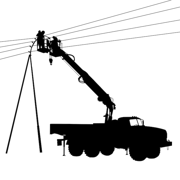 Electrician making repairs at a power pole on a white background