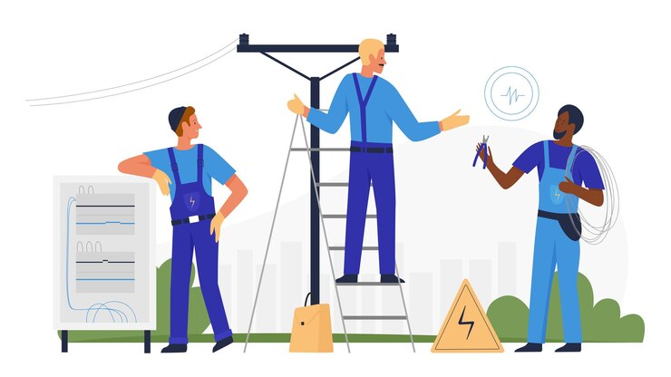 Vector electrician people repair electric pole technical service worker repairman working