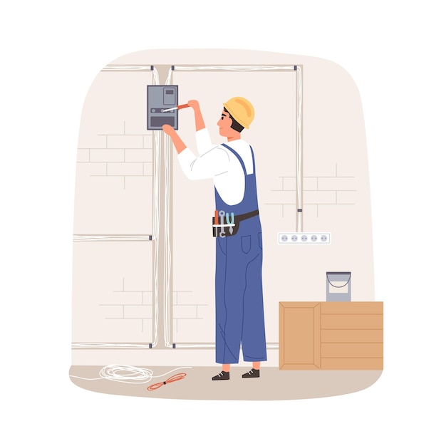 Electrician repairing and installing electrical wiring system. Workman fixing wires and cables with tools. Handyman working with electricity. Flat vector illustration isolated on white background