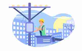 Vector electrician in the tap repairing an electrical system in a big city on a blue background with high