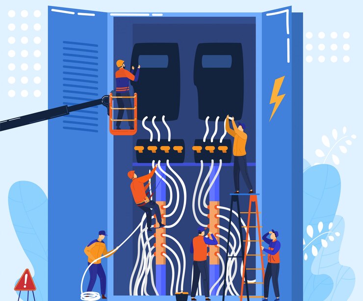 Vector electrician team work with electrical panel, tiny people cartoon characters concept,  illustration