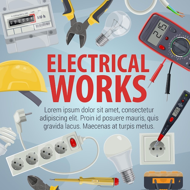 Vector electrician tools icons and electrical works