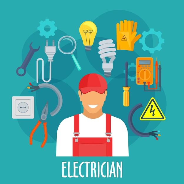 Vector electrician worker with electric repair tools