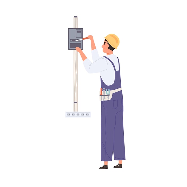 Electrician working with electricity and switchboard, repairing and fixing electrical wiring system. Worker work with electric wires, cables and tools. Flat vector illustration isolated on white