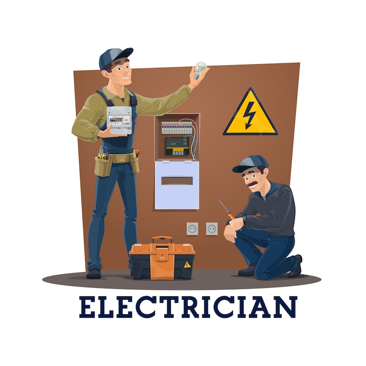 Vector electricians with tools, electric service workers