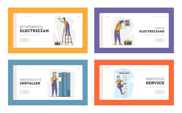 Vector electricians work landing page template set