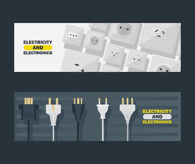 Вектор Комплект электричества и электроники знамен vector иллюстрация. черно-белые вилки и розетки.