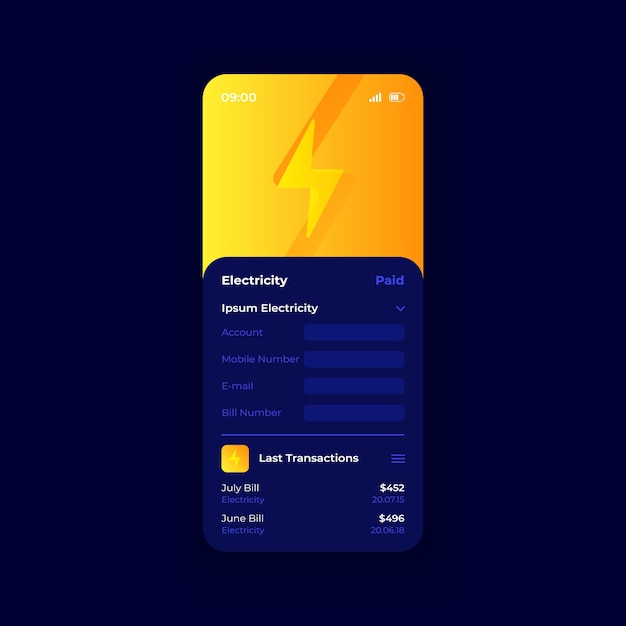 Electricity bills smartphone interface vector template. Mobile app page dark blue design layout. Utility bills management screen. Flat UI for application. Online banking. Phone display