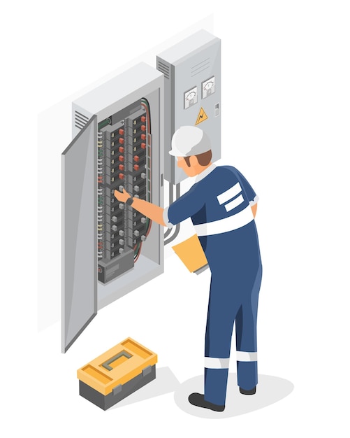 electricity box power technicians engineering checking service maintenance isometric isolated vector