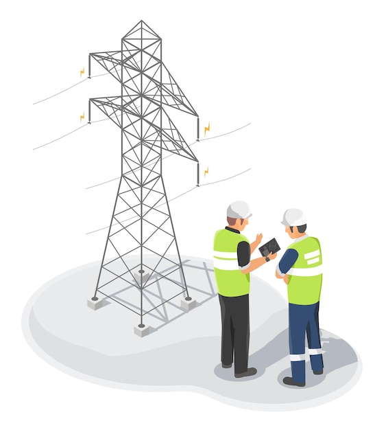 Vector electricity engineer or inspector using tablet inspecting and maintaining with electric technician