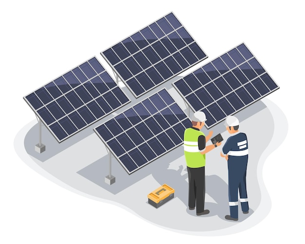 Electricity engineer maintenance  or inspector using tablet inspecting and maintaining solar cell