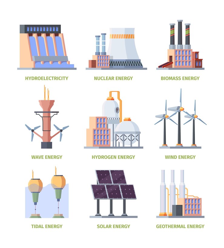Vector electricity factory industrial plants buildings hydro systems electricity station garish vector flat templates