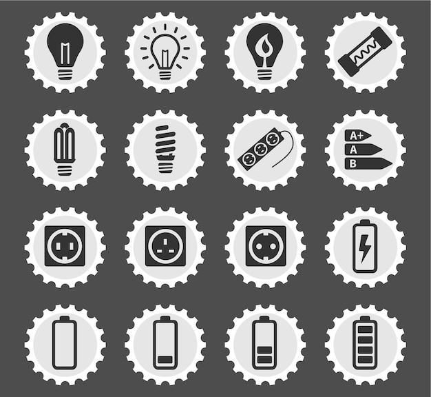 Electricity icons on stylized round postage stamps