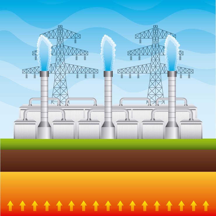 Vector electricity pylons and geothermal plant