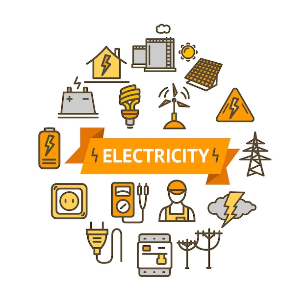 Electricity Signs Round Design Template Thin Line Icon Concept Vector