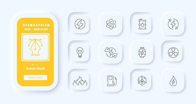 Electricity sources set icon lightning nuclear power light bulb green energy radioactive gas station wind mill hydroelectric station technology concept neomorphism ui phone app screens