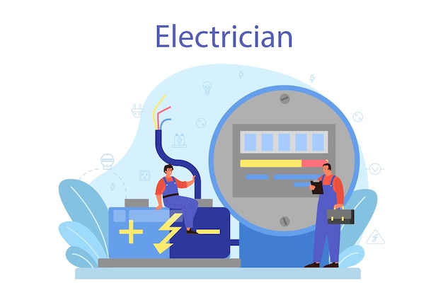 Vector electricity works service concept. professional worker in the uniform repair electrical element. technician repair and energy saving. isolated vector illustration in cartoon style