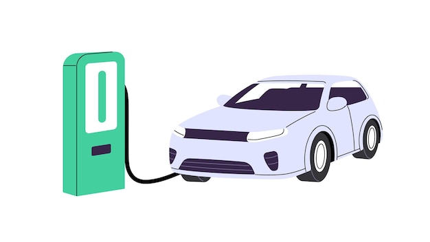 electro car recharges battery on charging station electric automobile refuels with electricity at auto charger modern transport on sustainable energy flat isolated vector illustration on white
