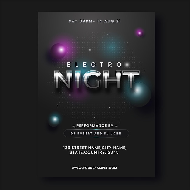 Vector electro night party-flyer of uitnodigingskaart met evenementdetails