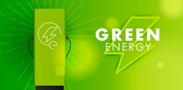 현대적인 녹색 배경에 로고가 있는 전기 전력 녹색 에너지 기호 및 충전소