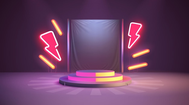 Electro scene mega verkoop gevaar podium banner neon nacht voetstuk vector illustratie