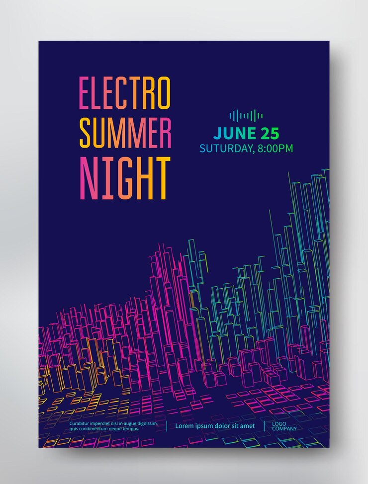 Vector electro summer night poster with colored rectangles in the form of linear city and eq