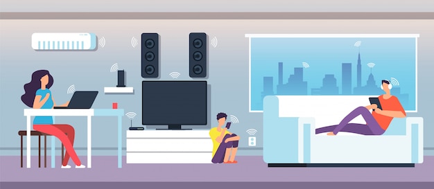 Vector electromagnetic field in home. people under emf waves from appliances and devices.